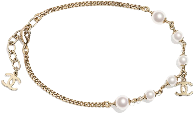 Anklet, metal & glass pearls, gold & pearly white - CHANEL