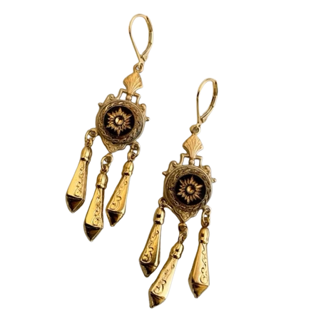 Fancy Victorian PENDULUM 1870s Earrings, Lady Detalle Sunburst Intaglio 16k gold late 19th Victorian Etruscan historic reproduction earrings jewelry