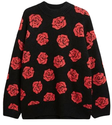 Relaxed soft knit sweater - Black with red roses - Monki WW