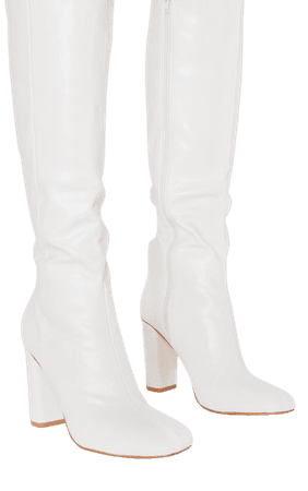 White Round Block Heel Knee High Boot | Shoes | PrettyLittleThing USA