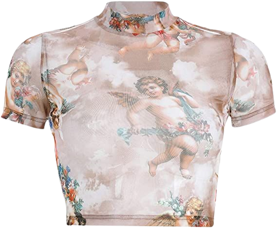 HitZoom Women's Sexy Sheer See Through Devil Embroidery Mesh Crop Tops Tee Blouse at Amazon Women’s Clothing store