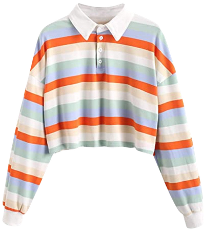 Striped Collared Long Sleeve Crop Top Multicolor