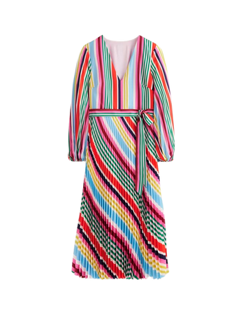 V-Neck Pleated Midi Dress - Varigated Multistripe | Boden US