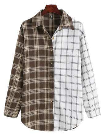 Plaid Flannel Color Blocking Tunic Shirt In COFFEE | ZAFUL 2023