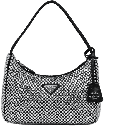 *clipped by @luci-her* Prada Hobo Re-edition 2000 Silver Crystal Nylon Small Black Satin Shoulder Bag - Tradesy