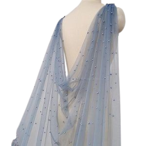 Dusty Blue Tulle Pearl Bridal Cape Gray Blue Cathedral Veil - Etsy