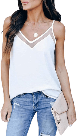 GOORY Women's V Neck Tank Tops Casual Spaghetti Strap Cami Summer Sleeveless Shirts, Layered Chiffon White XL at Amazon Women’s Clothing store