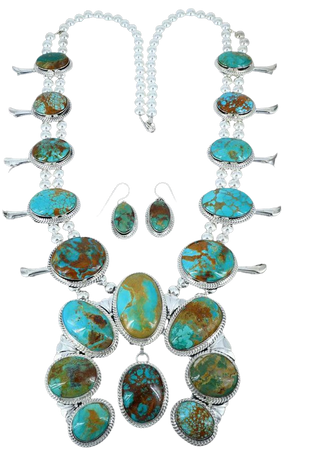 Large Natural Royston Turquoise Sterling Silver Squash Blossom Necklace Set - PuebloDirect.com