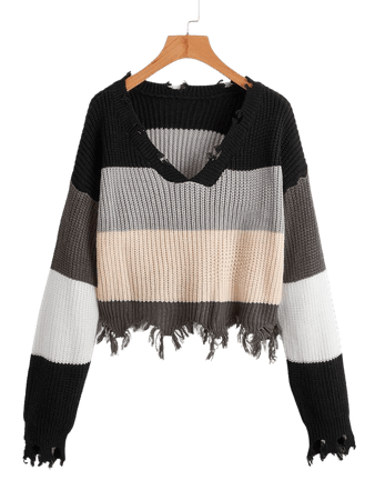 Drop Shoulder Colorblock Distressed Hem Sweater | SHEIN USA