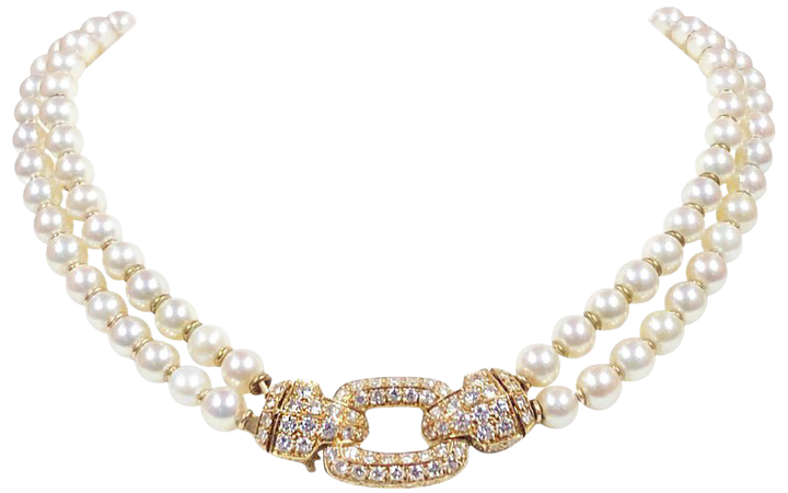 Cartier Yellow Gold Diamond and Double Strand Pearl Necklace For Sale at 1stdibs