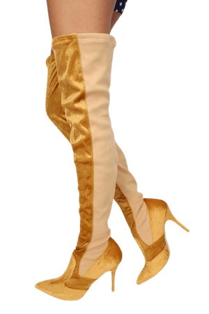 Sexy Gold Elastic Panel High Heels Thigh High Boots Velvet $9.99