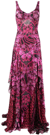 Versace Orchid $10,469 Barocco-print Ruffled Silk Dress - Farfetch