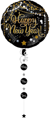 Black, Gold & Silver Dots & Stars Happy New Year Balloon with Tail | Party City Canada