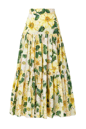 Tiered Floral-print Cotton-poplin Maxi Skirt - Yellow