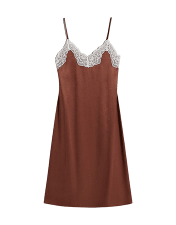Satin midi dress with blonde lace neckline - Dresses - Woman | Bershka
