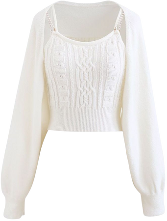 Cropped Braid Knit Cami Top and Sweater Sleeve Set in White - Retro, Indie and Unique Fashion