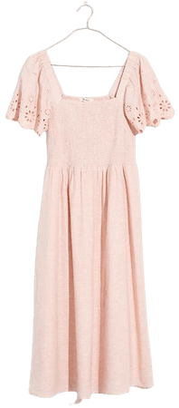 Linen-Blend Eyelet-Sleeve Lucie Smocked Midi Dress