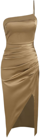 Solid Satin Asymmetrical Neck Ruched Midi Dress - Cider