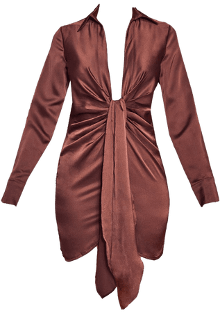 Chocolate Satin Extreme Plunge Drape Shirt Dress | PrettyLittleThing USA
