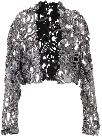 BALMAIN Metallic Beaded Cropped Silk Jacket In Silver