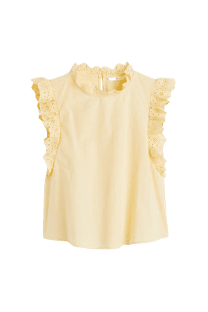 Ruffle-trimmed Blouse with Eyelet Embroidery - Light yellow - Ladies | H&M US