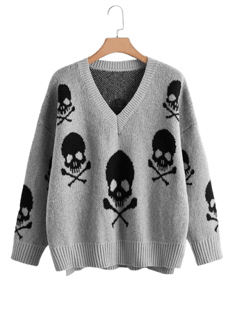 Plus Skull Pattern Drop Shoulder Sweater | SHEIN USA