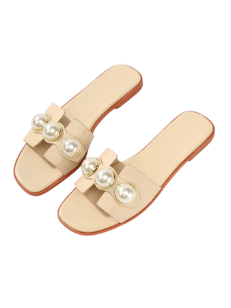 Fashion Brown Slide Sandals For Women, Faux Pearl Decor Cut Out Design Sandals | SHEIN USA