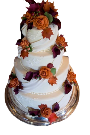 Picture Of a white wedding cake with sugar beads and ribbons and bright sugar blooms and leaves