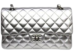 Chanel Silver Metallic Quilted Lambskin Jumbo Classic Double Flap Bag at 1stDibs | silver chanel bag, chanel silver flap bag, silver chanel flap bag