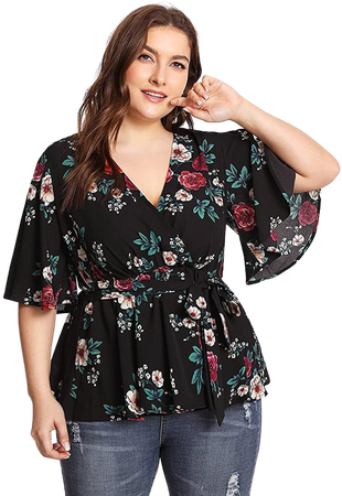 Romwe Women's Plus Size Floral Print Short/Long Sleeve Belt Tie Peplum Wrap Blouse Top Shirts Black 2XL at Amazon Women’s Clothing store
