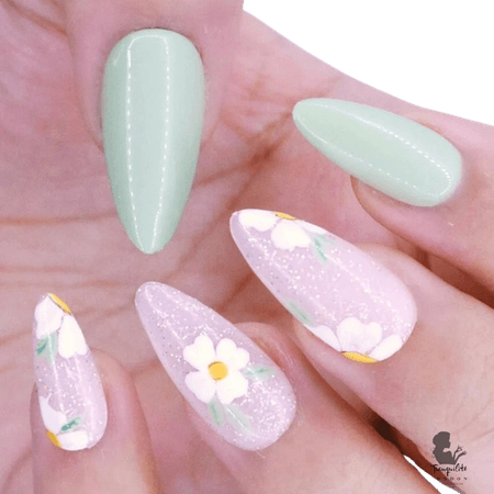 Simply Green Floral | White Yellow Flower Natural Nude With Sheer Sparkle Press On Nails | False Nails | Nails | Medium Almond