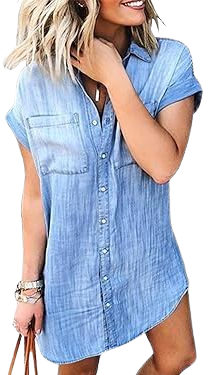 Zojuyozio Women's Summer Short Sleeve Button Down Denim Shirt Dress Distressed Jean Dresses Chambray Dress Lightblue S at Amazon Women’s Clothing store