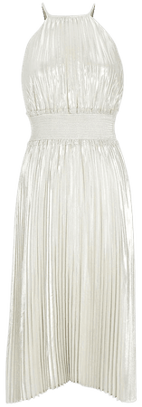 Metallic Pleated Halter Midi Dress | Express