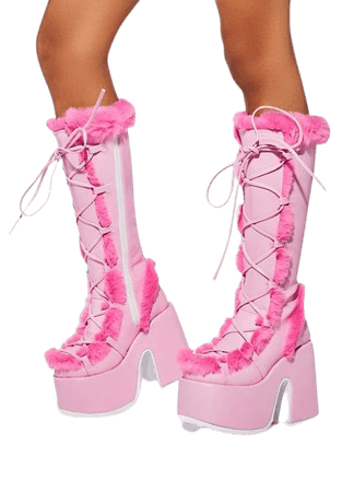 Demonia Camel-311 Faux Fur Knee High Platform Boots - Pink | Dolls Kill