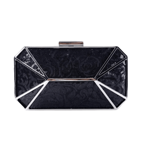 Black Sequin Clutch - Silver Metal Handbag