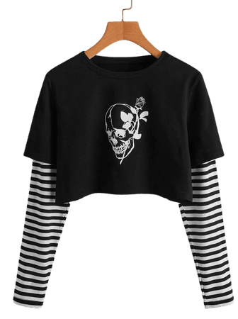 2 In 1 Skull Graphic Striped Crop Tee | ROMWE USA
