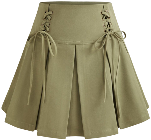 Woven High Rise Solid Pleated Lace Up Mini Skirt - Cider