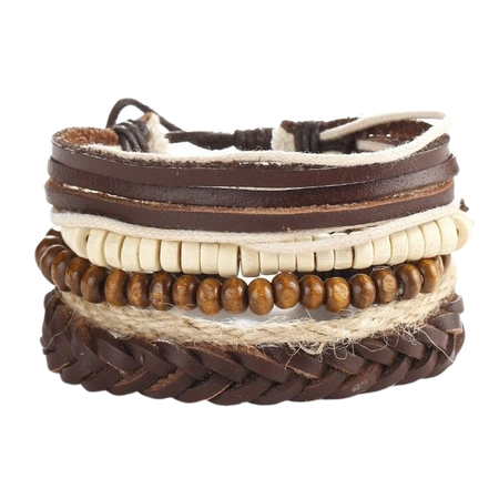 Hemp Rope Wax Wood Beads Bracelet Men Brown Leather Cord Cuff Multi-Layer Bracelets Light Brown