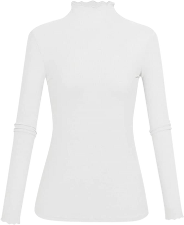Ribbed White Turtleneck Women Long Sleeve Undershirt for Women Lettuce Trim Top White Small at Amazon Women’s Clothing store