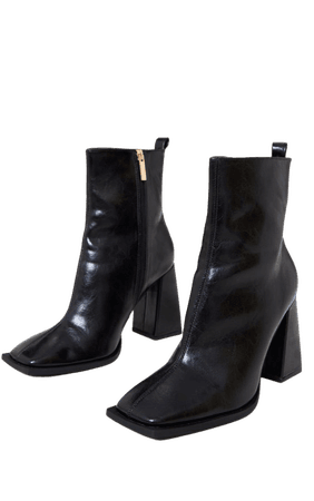 Black Wide Fit Pu Square Toe Heeled Ankle Boots | PrettyLittleThing USA