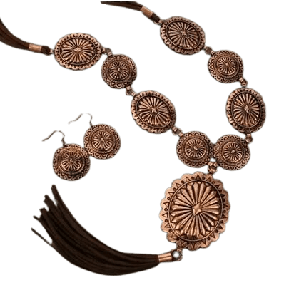 Copper-tone Western Long Concho Faux Leather Tassel Necklace and Earrings Set | eBay