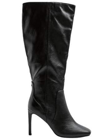Black wide fit knee high heeled boots | River Island