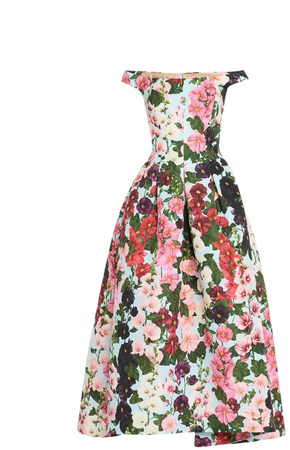 Oscar de la Renta Hollyhocks Floral-Print Off-The-Shoulder Faille Tea-Length Dress - Bergdorf Goodman