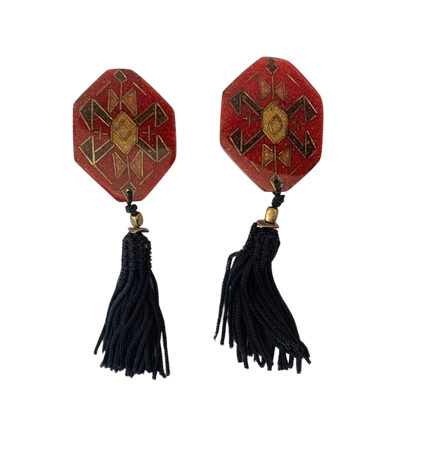 Lucite inlay tassel drop earrings clip on Asian inspired | Etsy