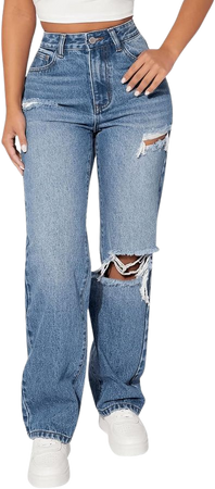 SweatyRocks Women's Casual Loose Ripped Denim Pants Distressed Wide Leg Jeans at Amazon Women's Jeans store
