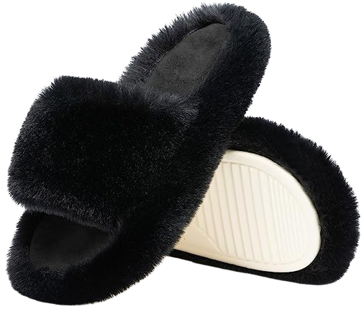 Black Chantomoo Women's Slippers Memory Foam House Bedroom Slippers for Women Fuzzy Plush Comfy Faux Fur Lined Slide Shoes Anti-Skid Sole Trendy Gift Slippers | Shoes