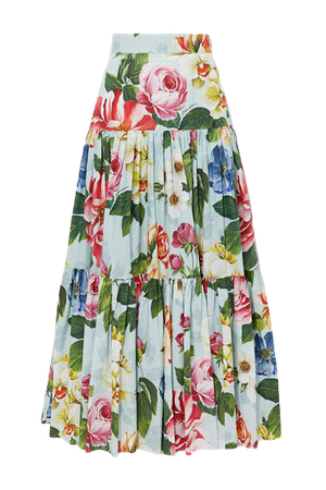 Tiered Floral-print Cotton-poplin Maxi Skirt - Blue