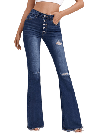 High Waist Ripped Detail Flare Leg Jeans | SHEIN USA