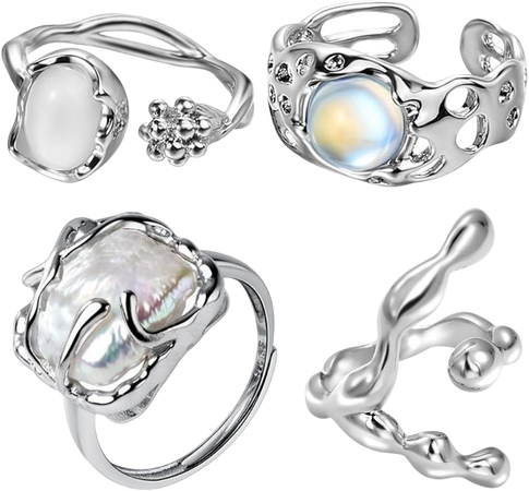 Amazon.com: HEIMAXING 4 PCS Silver Y2K Rings Jewelry Grunge Rings Natural Stone Opal Moonstone Ring Pearl Indie Punk Coquette Stacking Rings Set for Women Girls (Silver): Clothing, Shoes & Jewelry