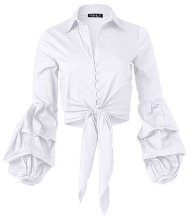 Cropped Tie Front Button Up Top in White | VENUS
